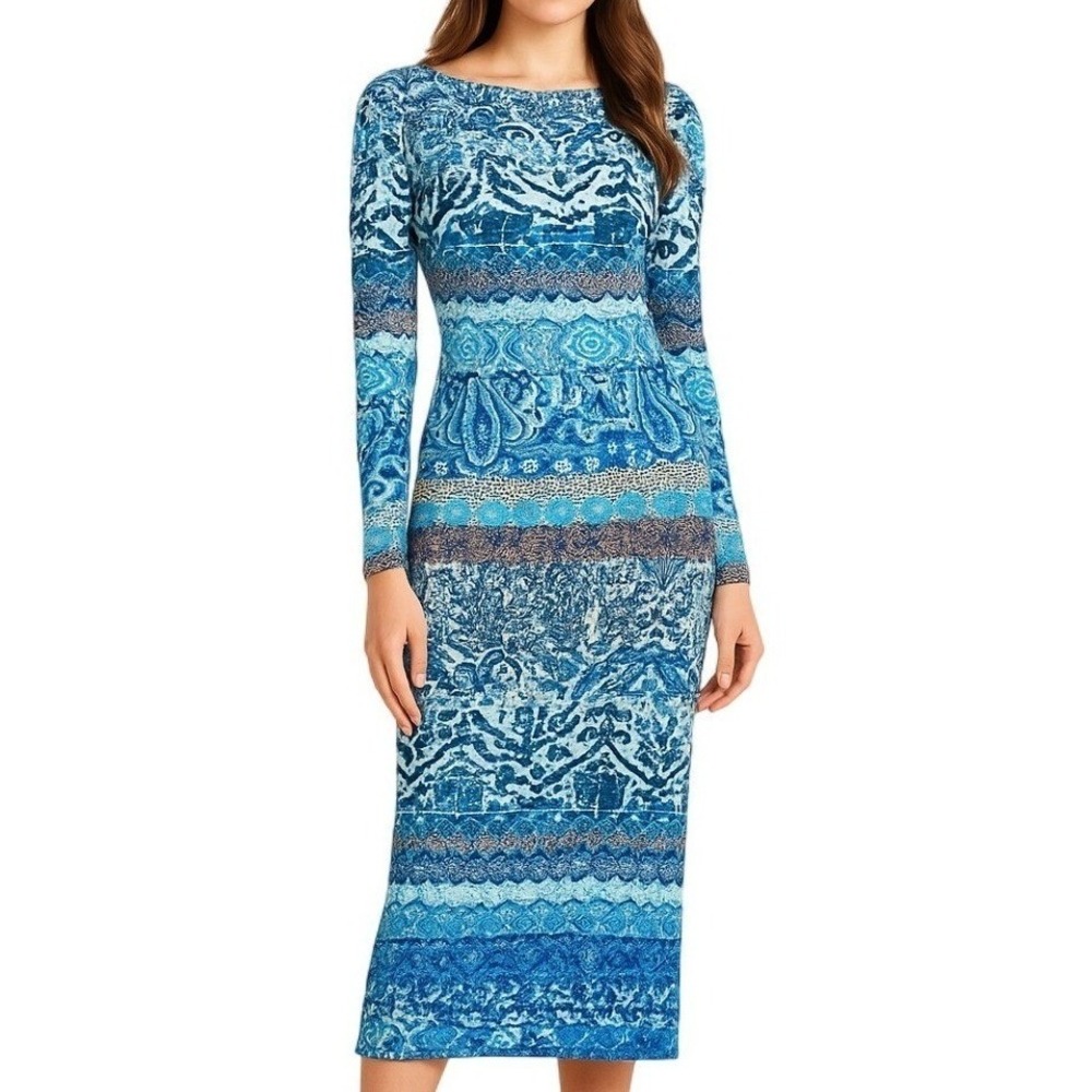 Antonio Melani Midi Bodycon Dress‎ Size 2 Monochrome Blue Boho Print Long Sleeve